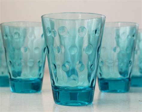 Vintage Turquoise Drinking Glasses Set Of 8 Hazel Ware Capri Blue Dot