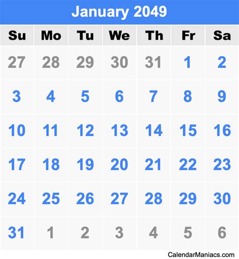 January 2049 Calendar