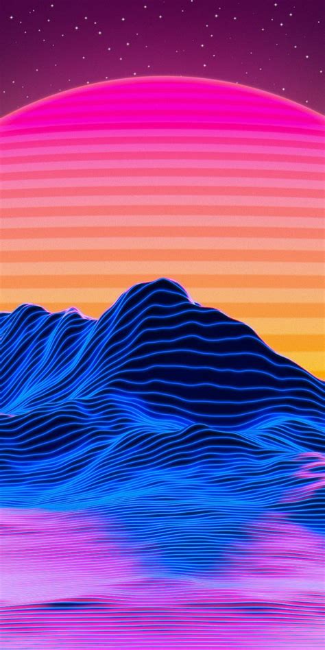 1080x2160 Mountains Landscape Retro Art Big Sun Sunset Wallpaper
