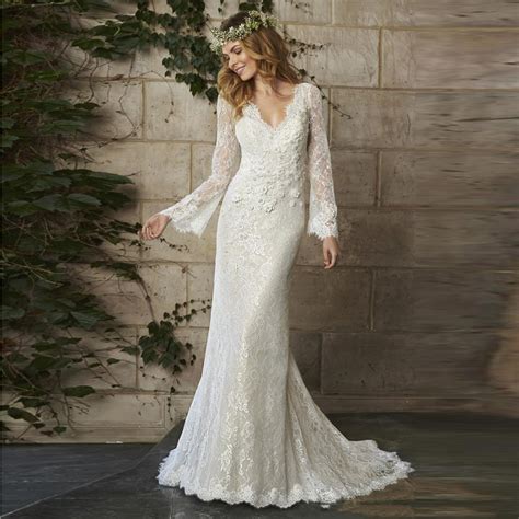 2016 White Full Lace Bohemian Wedding Dresses Long Sleeves Double V