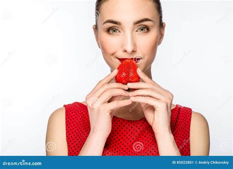 Beautiful Girl In A Dress Eating Red Strawberry Healthy Food Isolated