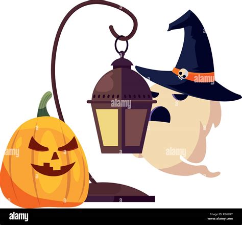 Happy Halloween Pumpkin Lamp Ghost Vector Illustration Stock Vector