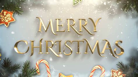 Animated closeup Merry Christmas text, green tree branches and toys on snow background. Luxury ...
