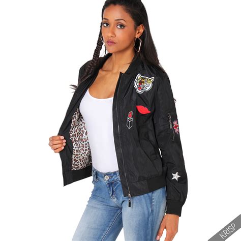Womens Classic Army Patch Bomber Jacket Vintage Military Light Summer