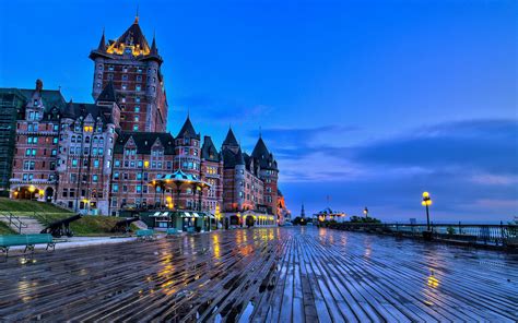 Quebec City Canadá Chateau Frontenac Castelo Bancos Noite Papéis De