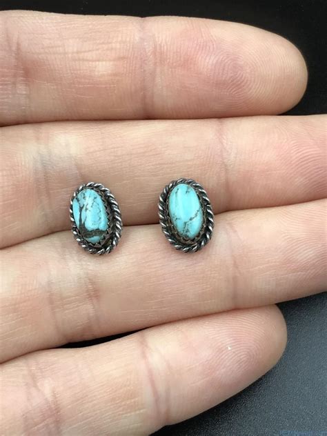 Vintage Sterling Silver Turquoise Blue Stud Earrings Rope Detail Estate