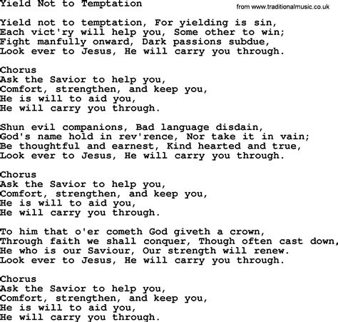 Baptist Hymnal Christian Song Yield Not To Temptation Lyrics With