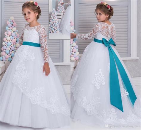 2017 lace arabic white blue long sleeve flower girl dresses for weddings ball gown girls pageant