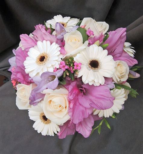 Posy Wedding Bouquet With White Gerbera Daisies Lavender Glads Purple