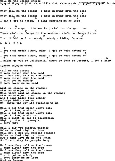 Song Lyrics With Guitar Chords For Call Me The Breeze