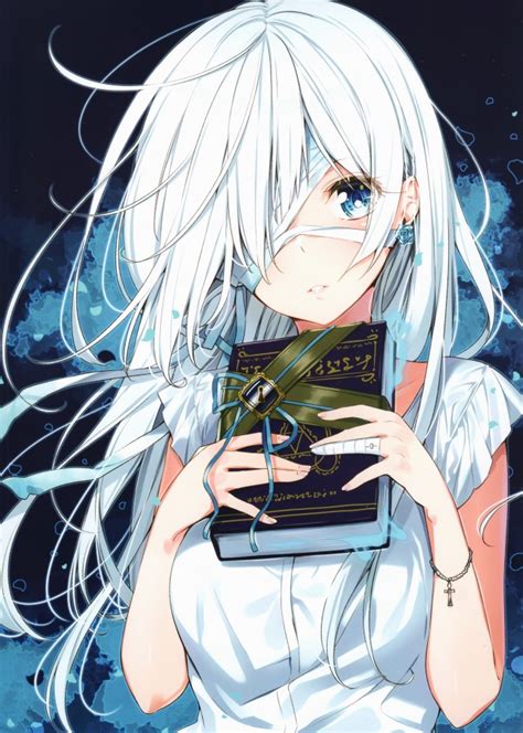 Wallpaper Anime Girl Bandage White Hair Blue Eye Book