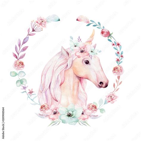Isolated Cute Watercolor Unicorn Clipart With Flowers Nursery Unicorns