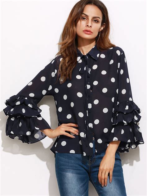 shop navy polka dot print layered ruffle sleeve blouse online shein offers navy polka dot