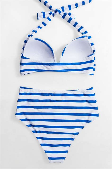 Blue And White Stripe Bikini With Moulded Cups Striped