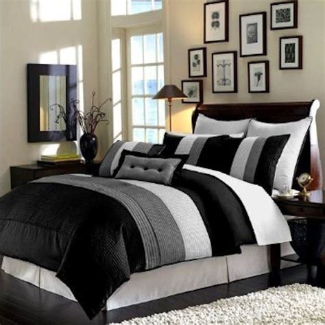 Full Queen Cal King Black Gray Grey Stripe Faux Silk 8 Pc Comforter Set