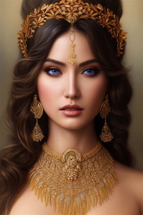 A Beautiful Woman With Blue Eyes And Gold Jewelry On Her Head Wearing