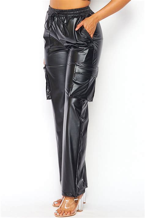 Nocturnal Black Faux Leather Cargo Pants Shopperboard