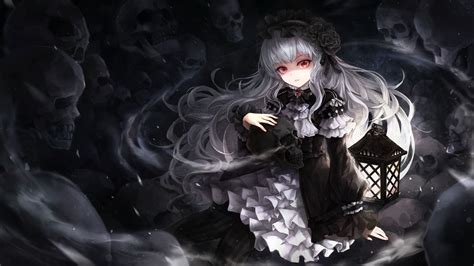 Download 1920x1080 Gothic Anime Girl Skulls White Hair Dress Lantern Red Eyes Wallpapers