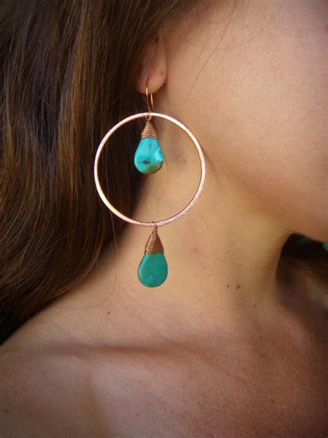 Large Hoop Dangle Earrings Turquoise Earrings Hammered Etsy