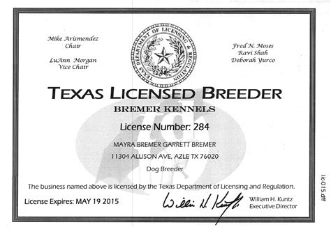 Texas Breeder License Certificate - Bremer Kennels Texas