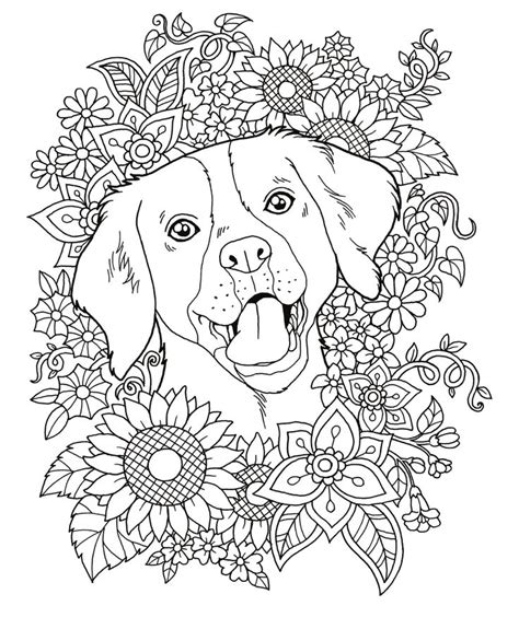 A Dog With Flowers And Leaves On Its Head In The Middle Of A Coloring Page
