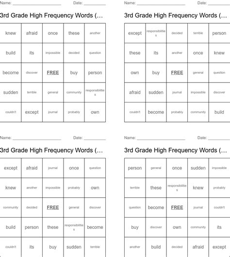3rd Grade High Frequency Words List 2 Bingo Cards Wordmint