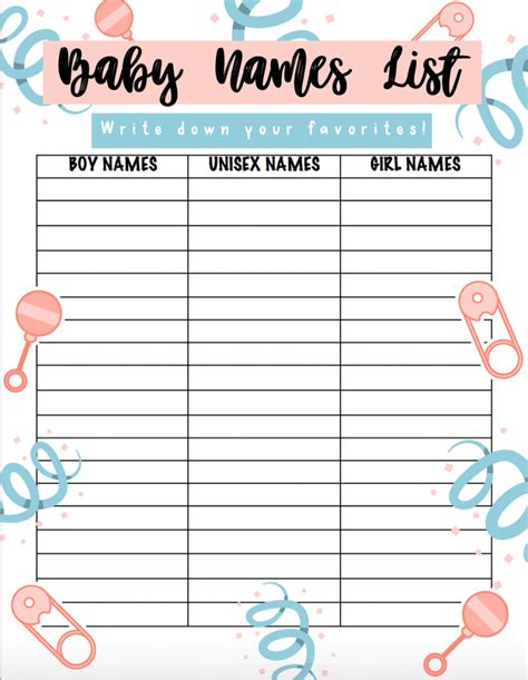 Free Baby Name List Printable To Track Your Favorites I Spy Fabulous