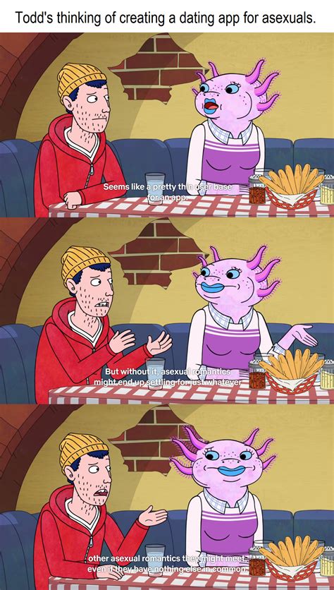 While writing bojack's memoir, diane and bojack develop a strong friendship that initially becomes awkward and strained after bojack develops i think i might be nothing. in season 6, todd forms a relationship with a rabbit named maude, whom he meets on the asexual dating app he created, all. iblameshane (u/iblameshane) - Reddit