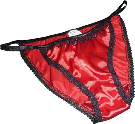 Shiny Satin String Bikini Mini Tanga Panties RED With Black Lace 6