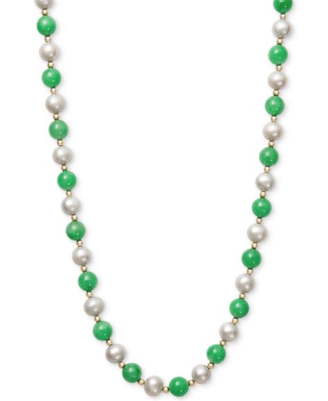 Macys Cultured Freshwater Pearl And Jade Necklace In 14k Gold In Green