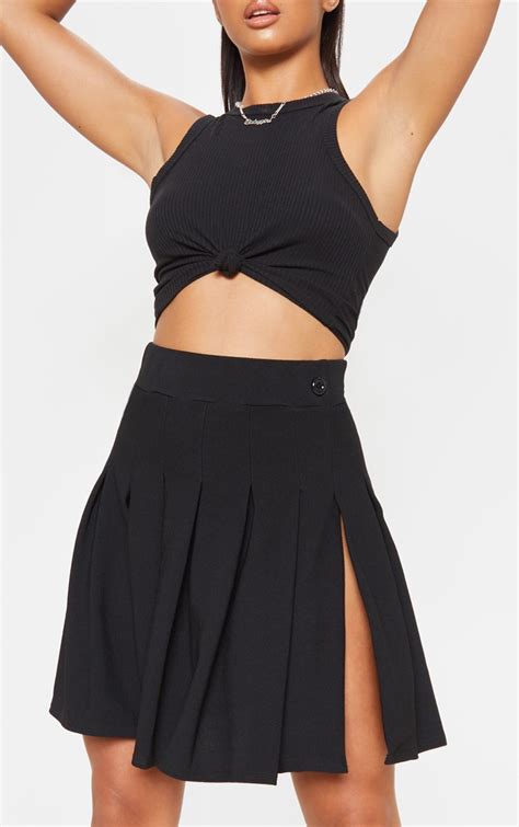 Petite Black Pleated Side Split Tennis Skirt Prettylittlething Il