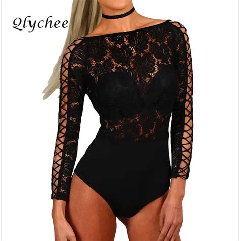 Qlychee Sexy Lace Bodysuit Women Long Sleeve Hollow Out Party Club Romper Jumpsuit Female