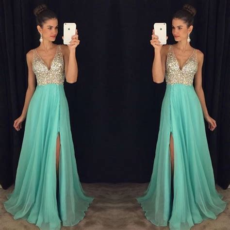 New Sexy Deep V Neck Prom Dresses Sleeveless With Beads Crystal A