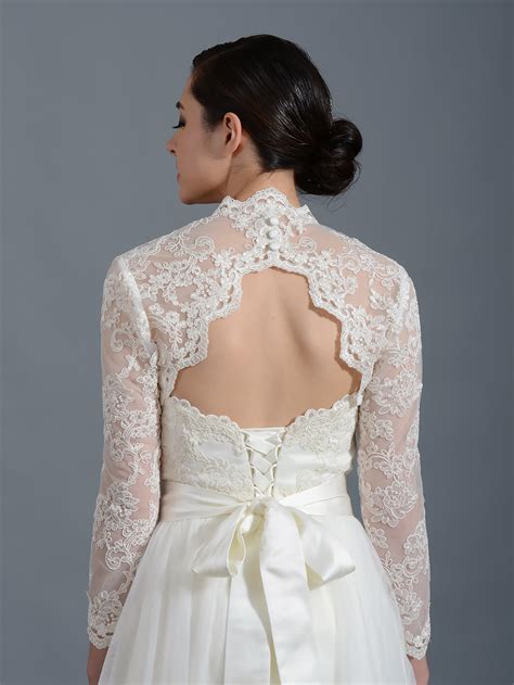 Visit our website and browse exclusive range of wedding boleros, wedding jackets, wedding dress topper and wedding dress cover up. Long sleeve alencon lace bolero with keyhole back - Lace_100