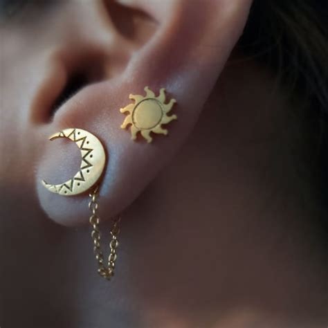 Sun Moon Huggies K Gold Plating Celestial Earrings Etsy