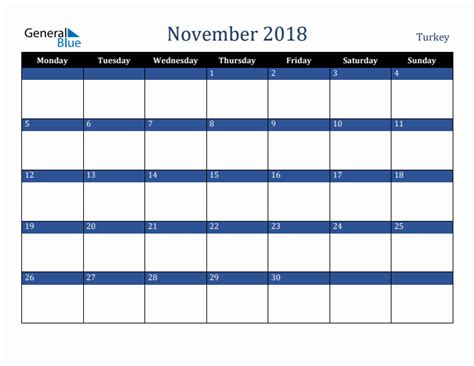 November 2018 Turkey Monthly Calendar With Holidays