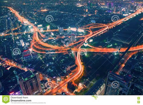 Bangkok Expressway Ro Autobahn At Night Or Twilight Aerial Scenic View