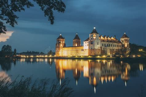 Mir Belarus Scenic View Of Castle Complex Mir And Lake In Misty