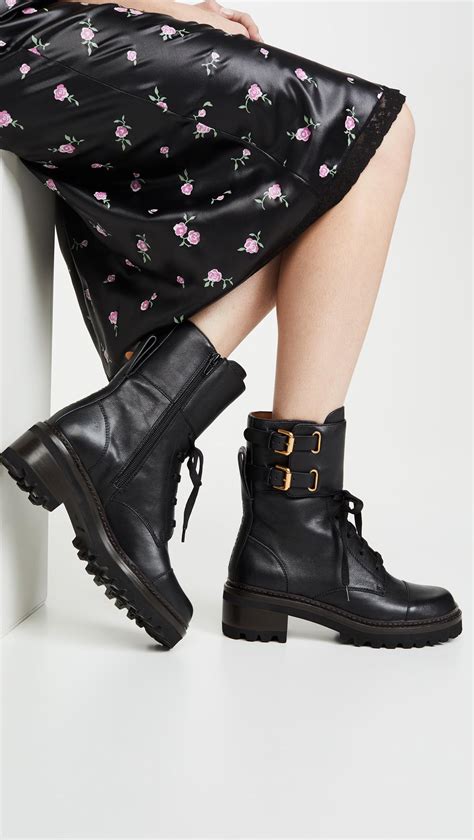 See By Chloé Leather Mallory Combat Lug Boots In Nero Black Lyst