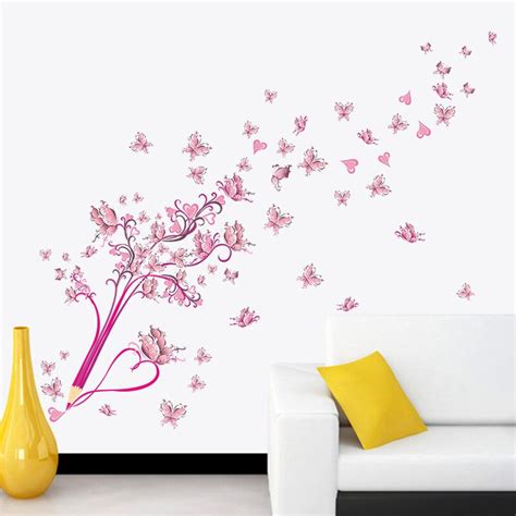 Merah Muda Pensil Kupu Kupu Bunga Pola Wall Sticker Pernikahan Kamar Tidur Ruang Tamu Tv Sofa