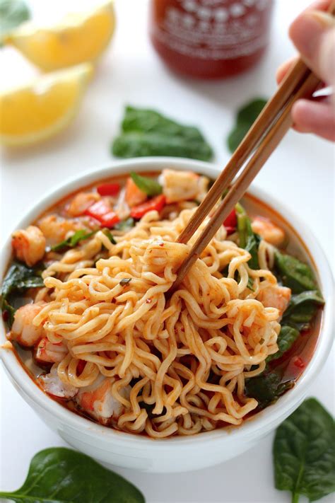 Food & wine's quick and easy ramped up ramen recipe is prepared in a microwave oven. 20-Minute Sriracha Shrimp Ramen - Baker by Nature