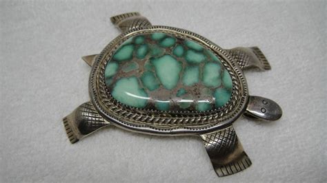 HUGE Sterling Silver Turquoise Turtle Pin Brooch Pendant Benny Ration