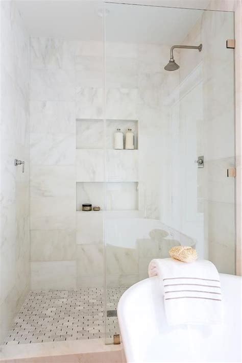 Marble Shower Floor Tiles With Brass Inlays Transitional Bathroom