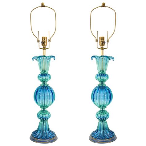 Pair Of Mid Century Blue And Green Murano Glass Lamps By Seguso From A Unique Collection Of
