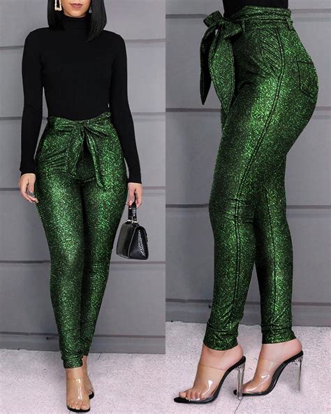 High Waist Belted Glittering Pants