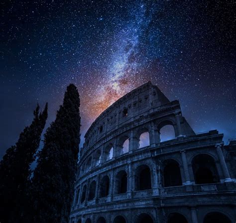 Beautiful Colosseum In Rome At Night And Milky Way Italy Rome At