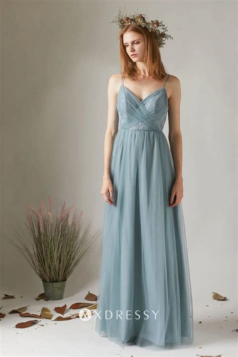 dusty blue tulle and lace thin straps bridesmaid dress xdressy