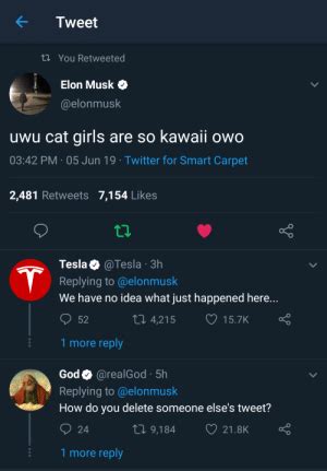 Tesla ceo'su, bu kez de alternatif kripto para birimi dogecoin'den bahsetti; Tweet T You Retweeted Elon Musk Uwu Cat Girls Are So Kawaii Owo 0342 PM 05 Jun 19 Twitter for ...
