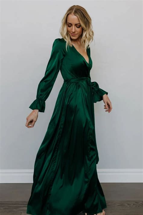Holly Dark Green Satin Maxi Dress Green Satin Dress Long Sleeve