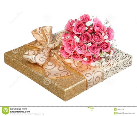 Bouquet Of Pink Roses And Gold T Box Isolated On White